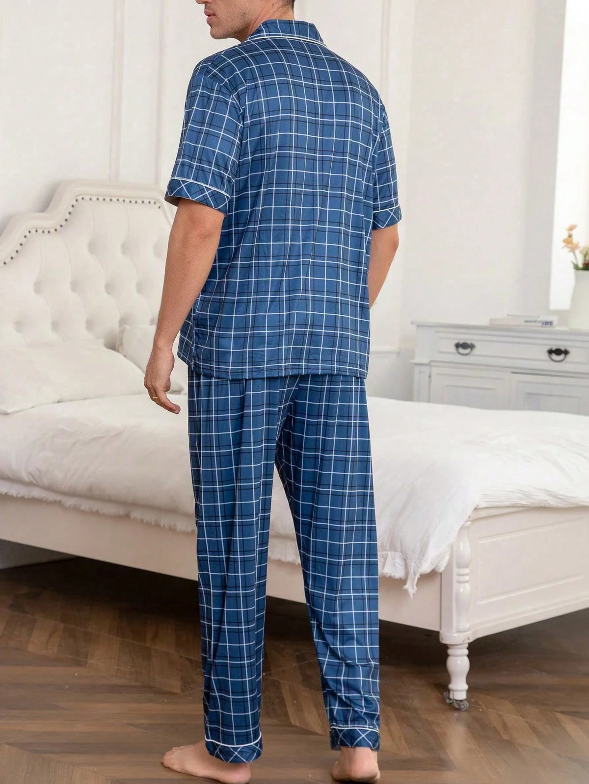 Men's Spring/Summer Thin Lapel Plaid Print Short Sleeve Long Pants Casual Comfortable Loungewear Set