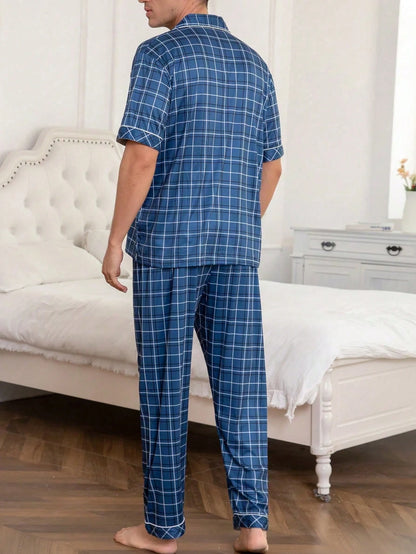 Men's Spring/Summer Thin Lapel Plaid Print Short Sleeve Long Pants Casual Comfortable Loungewear Set