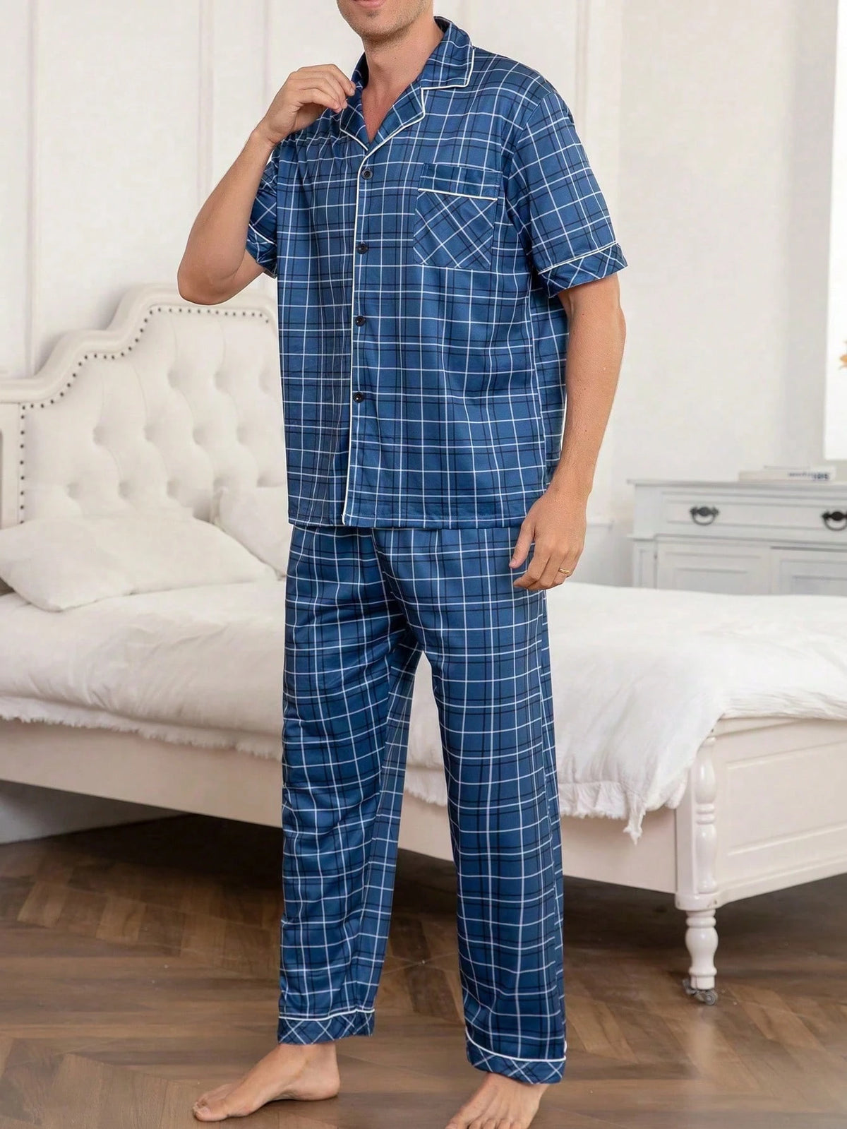 Men's Spring/Summer Thin Lapel Plaid Print Short Sleeve Long Pants Casual Comfortable Loungewear Set