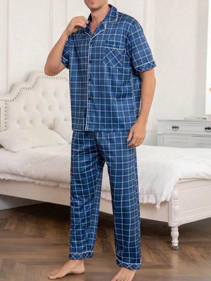 Men's Spring/Summer Thin Lapel Plaid Print Short Sleeve Long Pants Casual Comfortable Loungewear Set