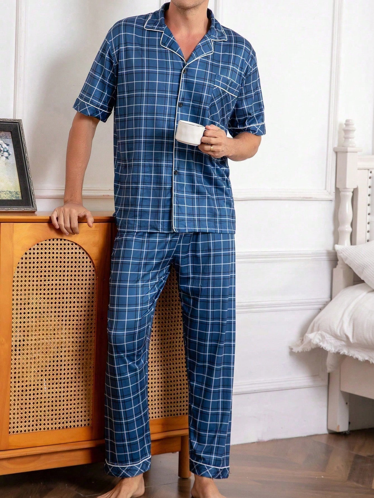 Men's Spring/Summer Thin Lapel Plaid Print Short Sleeve Long Pants Casual Comfortable Loungewear Set