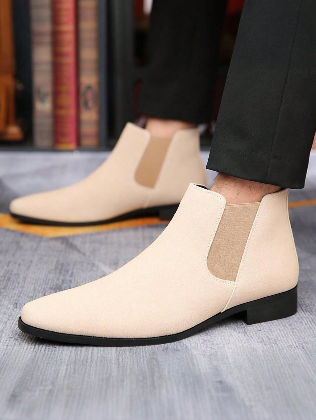 Men's Suede Pointed Toe Chelsea Boots, Elastic Side Panels Low Heel Business Casual Formal Ankle Boots For Men Office Wedding Daily Commute Wear