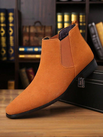 Men's Suede Pointed Toe Chelsea Boots, Elastic Side Panels Low Heel Business Casual Formal Ankle Boots For Men Office Wedding Daily Commute Wear