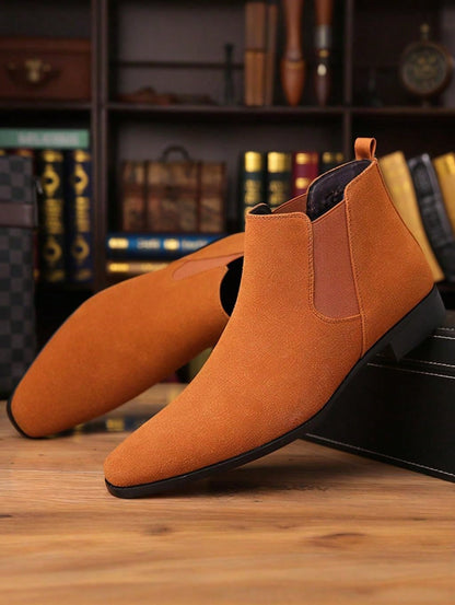 Men's Suede Pointed Toe Chelsea Boots, Elastic Side Panels Low Heel Business Casual Formal Ankle Boots For Men Office Wedding Daily Commute Wear