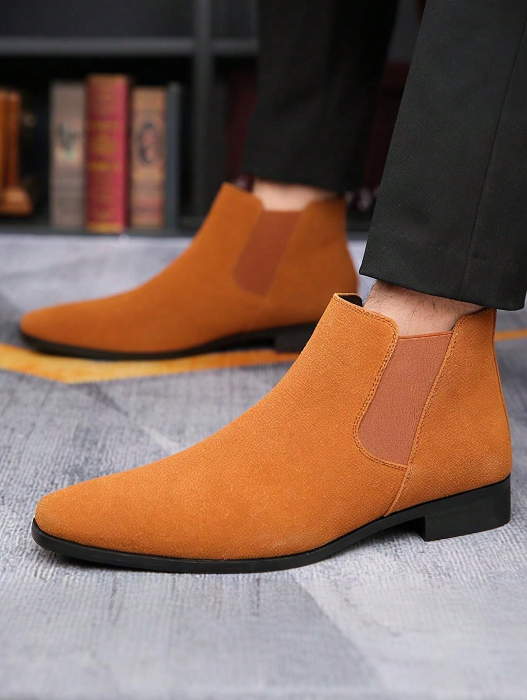 Men's Suede Pointed Toe Chelsea Boots, Elastic Side Panels Low Heel Business Casual Formal Ankle Boots For Men Office Wedding Daily Commute Wear