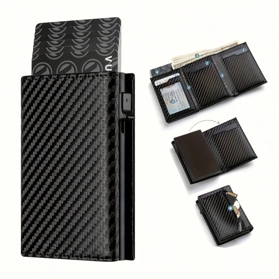 Men's Zipper Coin Purse, Auto Pop-Up Metal Credit Card Holder, Minimalist Blocking Card Case, Mini Wallet