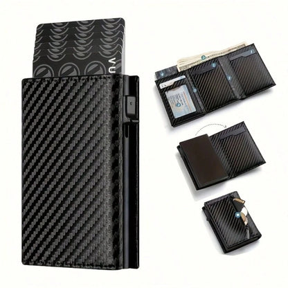 Men's Zipper Coin Purse, Auto Pop-Up Metal Credit Card Holder, Minimalist Blocking Card Case, Mini Wallet