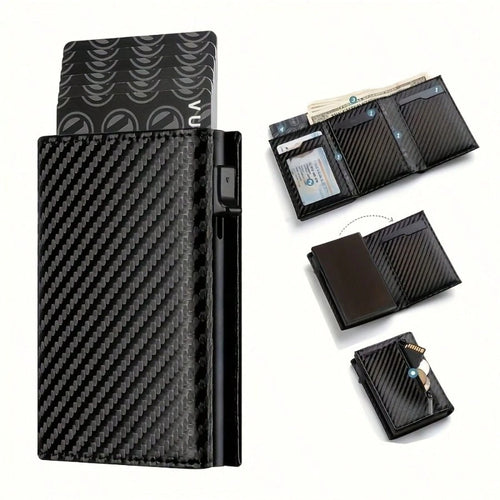 Men's Zipper Coin Purse, Auto Pop-Up Metal Credit Card Holder, Minimalist Blocking Card Case, Mini Wallet