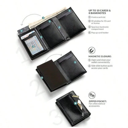 Men's Zipper Coin Purse, Auto Pop-Up Metal Credit Card Holder, Minimalist Blocking Card Case, Mini Wallet
