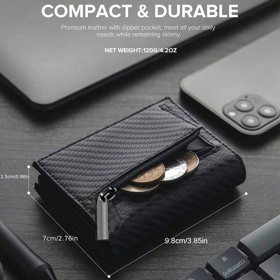 Men's Zipper Coin Purse, Auto Pop-Up Metal Credit Card Holder, Minimalist Blocking Card Case, Mini Wallet
