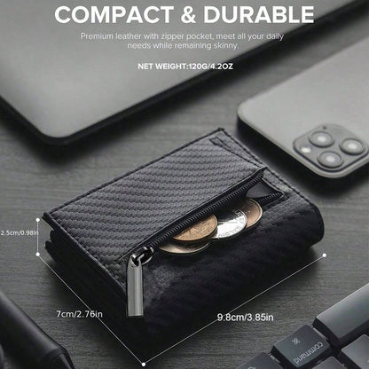 Men's Zipper Coin Purse, Auto Pop-Up Metal Credit Card Holder, Minimalist Blocking Card Case, Mini Wallet