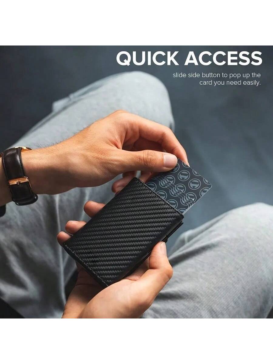 Men's Zipper Coin Purse, Auto Pop-Up Metal Credit Card Holder, Minimalist Blocking Card Case, Mini Wallet