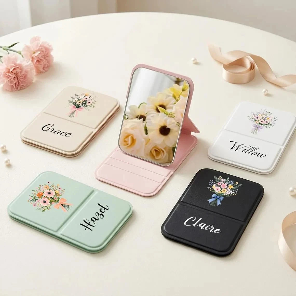 MerexSync Personalized Square Makeup Mirror, Customizable Name And Logo Pocket Mirror, Bridesmaid, Best Friend, Mother's Day Gift, Folding Makeup Mirror, Floral Travel Makeup Mirror, Birthday Flower M
