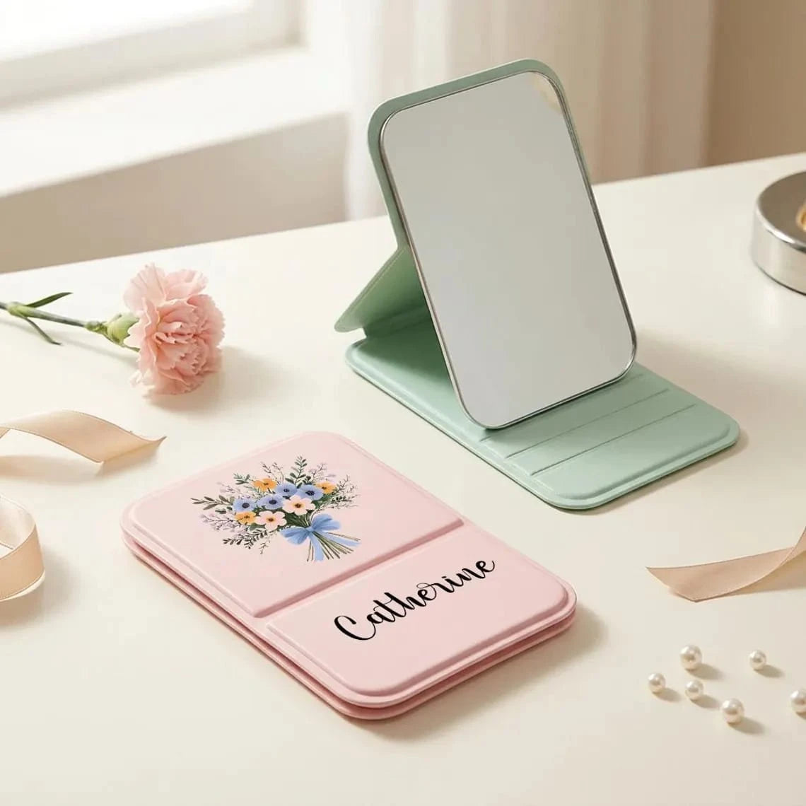 MerexSync Personalized Square Makeup Mirror, Customizable Name And Logo Pocket Mirror, Bridesmaid, Best Friend, Mother's Day Gift, Folding Makeup Mirror, Floral Travel Makeup Mirror, Birthday Flower M