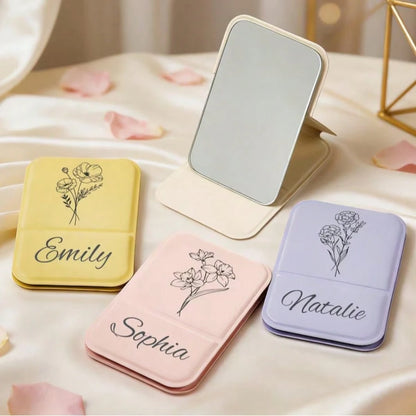 MerexSync Personalized Square Makeup Mirror, Customizable Name And Logo Pocket Mirror, Bridesmaid, Best Friend, Mother's Day Gift, Folding Makeup Mirror, Floral Travel Makeup Mirror, Birthday Flower M