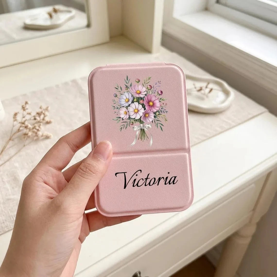 MerexSync Personalized Square Makeup Mirror, Customizable Name And Logo Pocket Mirror, Bridesmaid, Best Friend, Mother's Day Gift, Folding Makeup Mirror, Floral Travel Makeup Mirror, Birthday Flower M