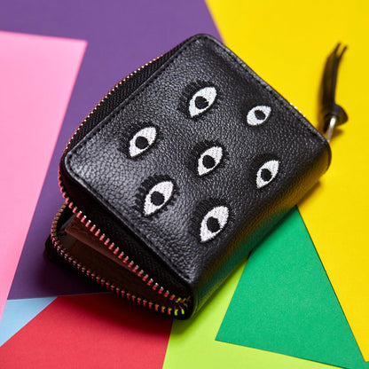 Min & Mon - Frodo Black Leather Zip Around Wallet - Eyes Embroidery