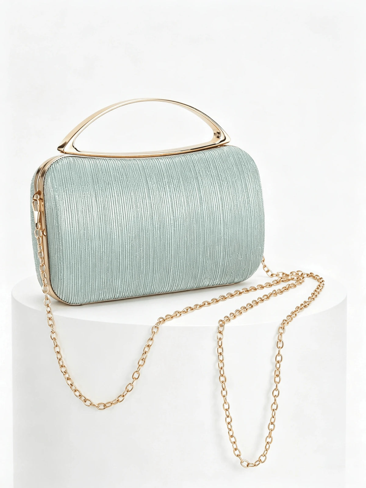 Mint Green Striped Material Evening Clutch, Luxury Gold Metal Top Handle Handbag, Suitable For Party/Wedding/Prom/Banquet