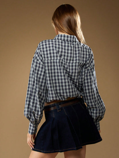 MISSGUIDED Plaid Collared Long Sleeve Button Down Shirt With Zip Up Front Casual Fall Winter Blouse