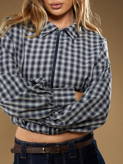 MISSGUIDED Plaid Collared Long Sleeve Button Down Shirt With Zip Up Front Casual Fall Winter Blouse