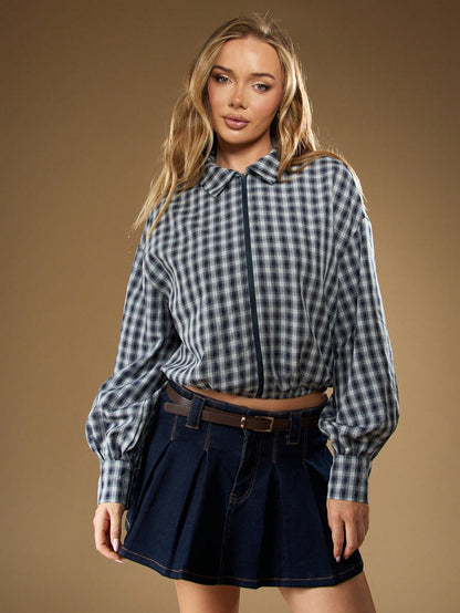 MISSGUIDED Plaid Collared Long Sleeve Button Down Shirt With Zip Up Front Casual Fall Winter Blouse