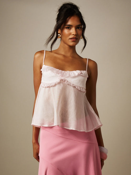 MISSGUIDED Sheer Striped Frill Ruffle Trim Cami Top With Smocked Back Adjustable Spaghetti Straps Summer Vacation
