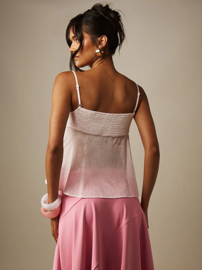 MISSGUIDED Sheer Striped Frill Ruffle Trim Cami Top With Smocked Back Adjustable Spaghetti Straps Summer Vacation