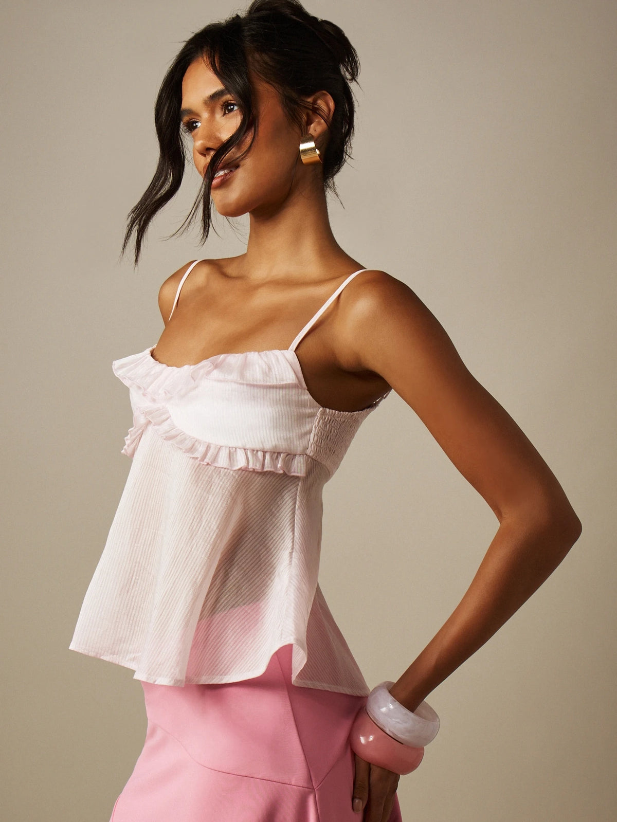 MISSGUIDED Sheer Striped Frill Ruffle Trim Cami Top With Smocked Back Adjustable Spaghetti Straps Summer Vacation