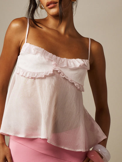 MISSGUIDED Sheer Striped Frill Ruffle Trim Cami Top With Smocked Back Adjustable Spaghetti Straps Summer Vacation