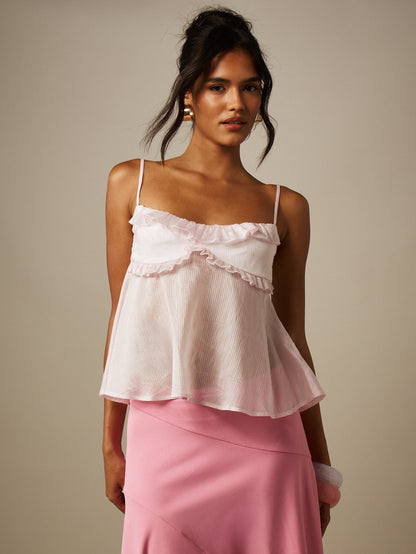 MISSGUIDED Sheer Striped Frill Ruffle Trim Cami Top With Smocked Back Adjustable Spaghetti Straps Summer Vacation