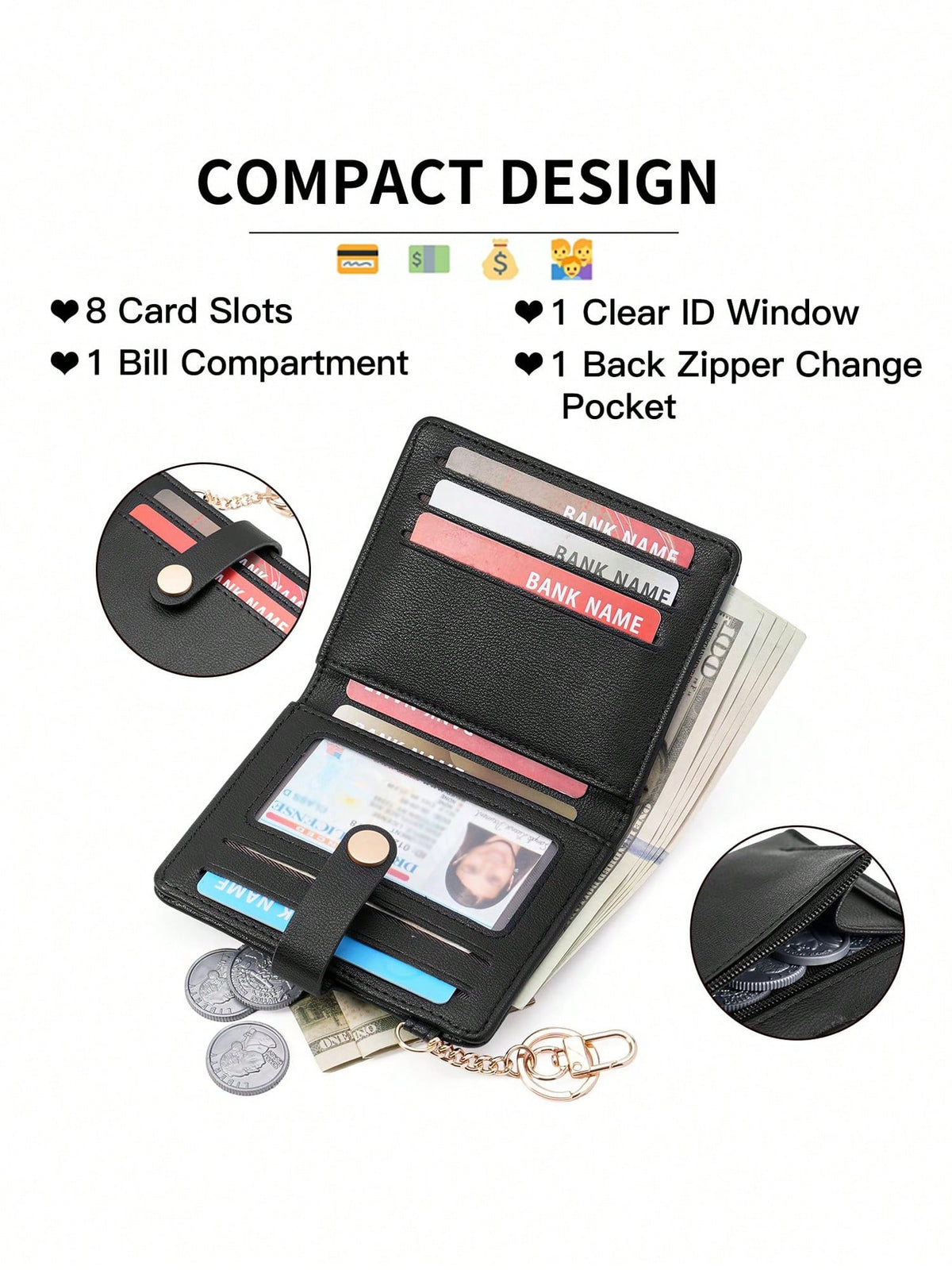 MIYIN Women's Super Thin Wallet, RFID Blocking Bifold Credit Card Holder With Zipper Coin Pouch, ID Window And Key Ring, Fashionable And Lightweight, Suitable For Daily Use, Can Hold ID Cards, Cards