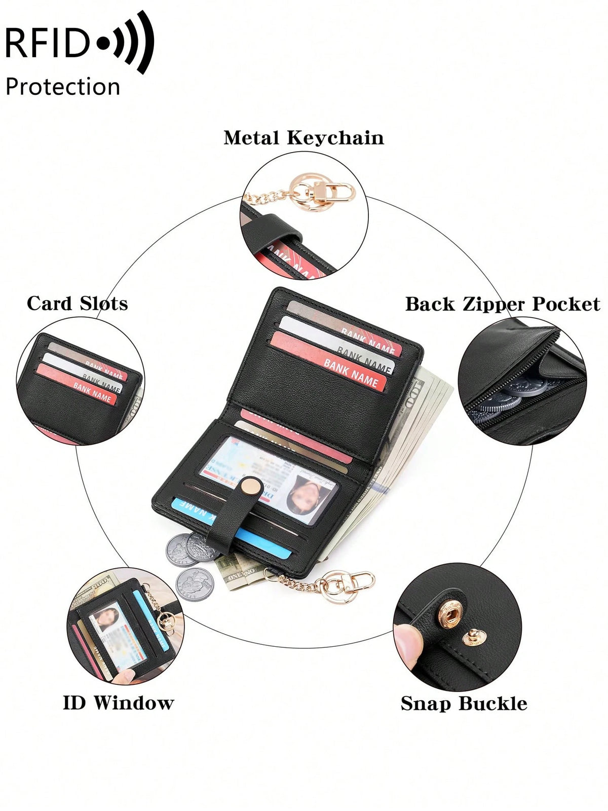 MIYIN Women's Super Thin Wallet, RFID Blocking Bifold Credit Card Holder With Zipper Coin Pouch, ID Window And Key Ring, Fashionable And Lightweight, Suitable For Daily Use, Can Hold ID Cards, Cards