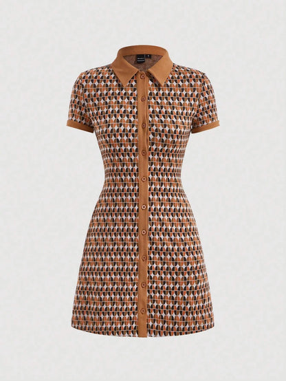 MOD Allover Print Center Front Button Up Placket Lapel Dress