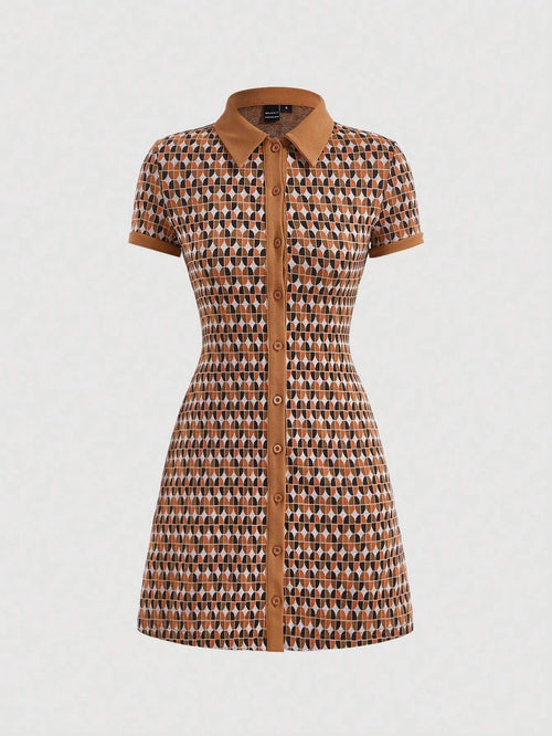 MOD Allover Print Center Front Button Up Placket Lapel Dress