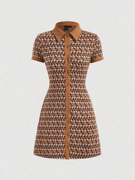 MOD Allover Print Center Front Button Up Placket Lapel Dress