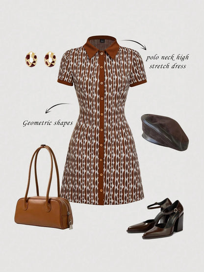 MOD Allover Print Center Front Button Up Placket Lapel Dress