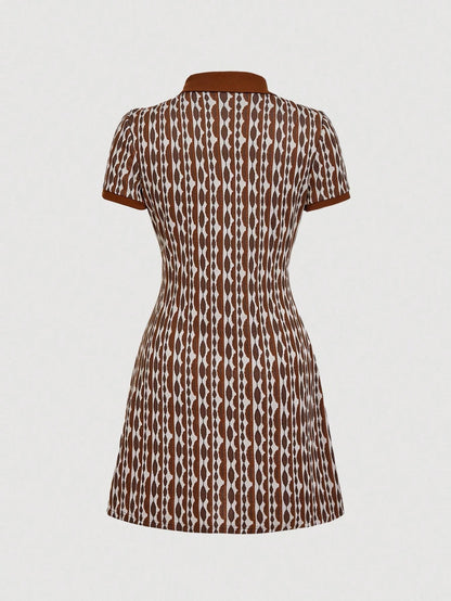 MOD Allover Print Center Front Button Up Placket Lapel Dress