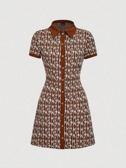 MOD Allover Print Center Front Button Up Placket Lapel Dress
