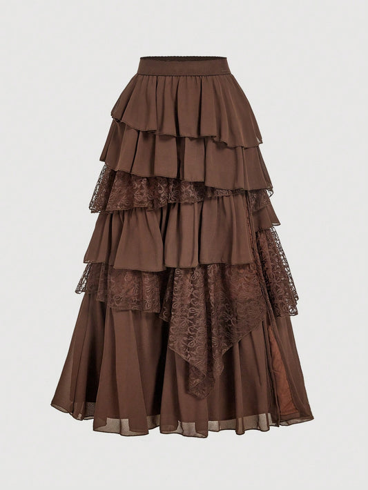 MOD Boho-Western Elegance: 70s Flowy Chiffon & Lace Maxi Skirt In Apricot- Your Effortless Companion For Golden Hour Picnics & Bohemian Adventures
