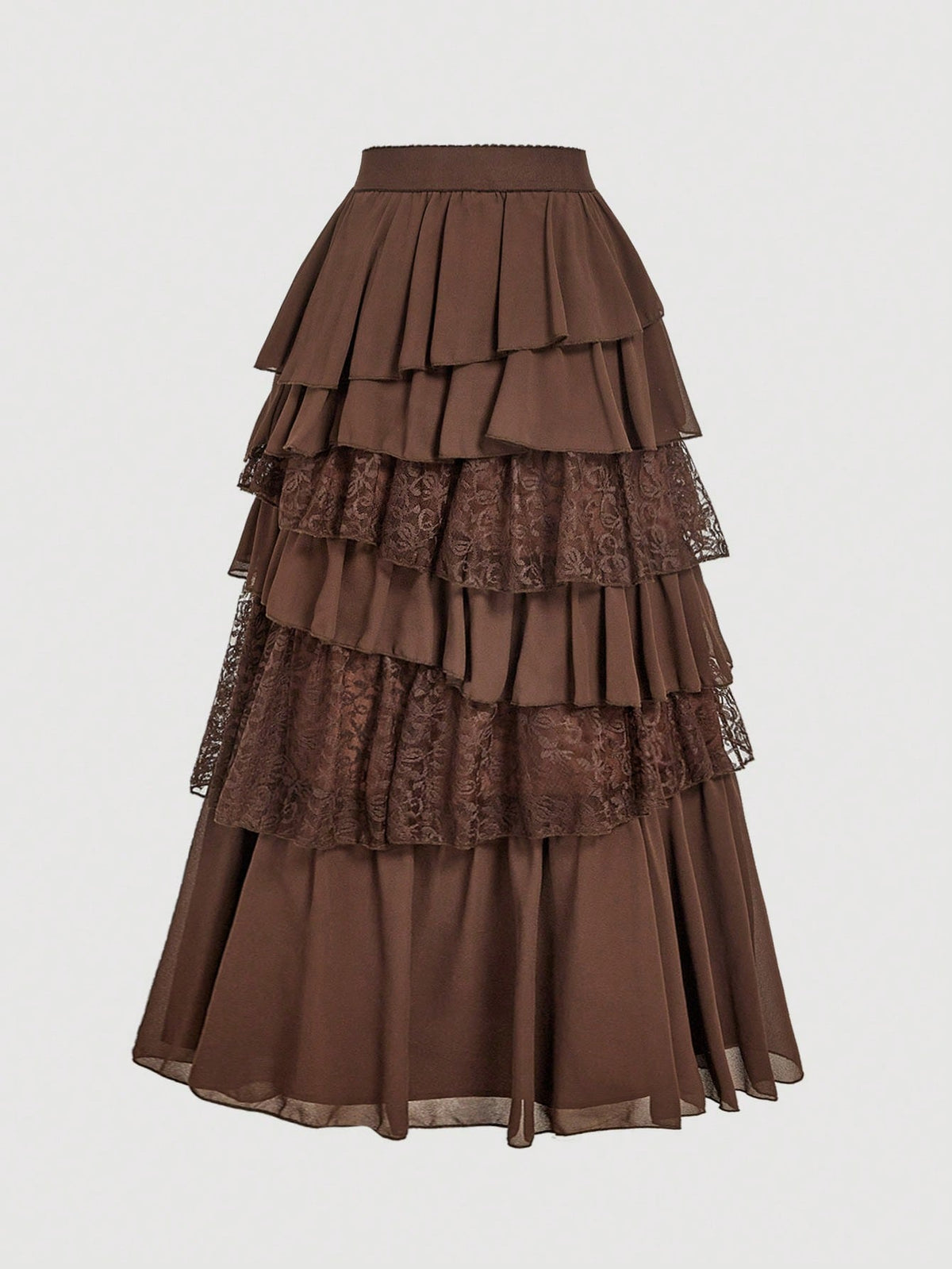 MOD Boho-Western Elegance: 70s Flowy Chiffon & Lace Maxi Skirt In Apricot- Your Effortless Companion For Golden Hour Picnics & Bohemian Adventures