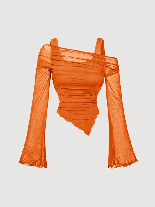 MOD Burnt Orange Plus Size Asymmetric Hem Flared Sleeve T-Shirt,Autumn Classy Night Out Club,Punk Korean Style,Vintage Goth Streetwear Women Basic Tops