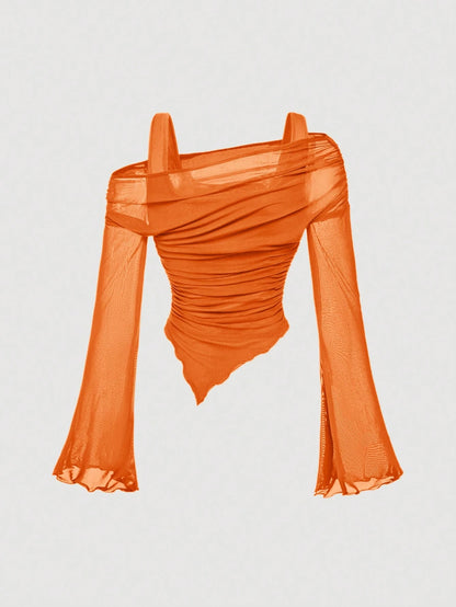MOD Burnt Orange Plus Size Asymmetric Hem Flared Sleeve T-Shirt,Autumn Classy Night Out Club,Punk Korean Style,Vintage Goth Streetwear Women Basic Tops