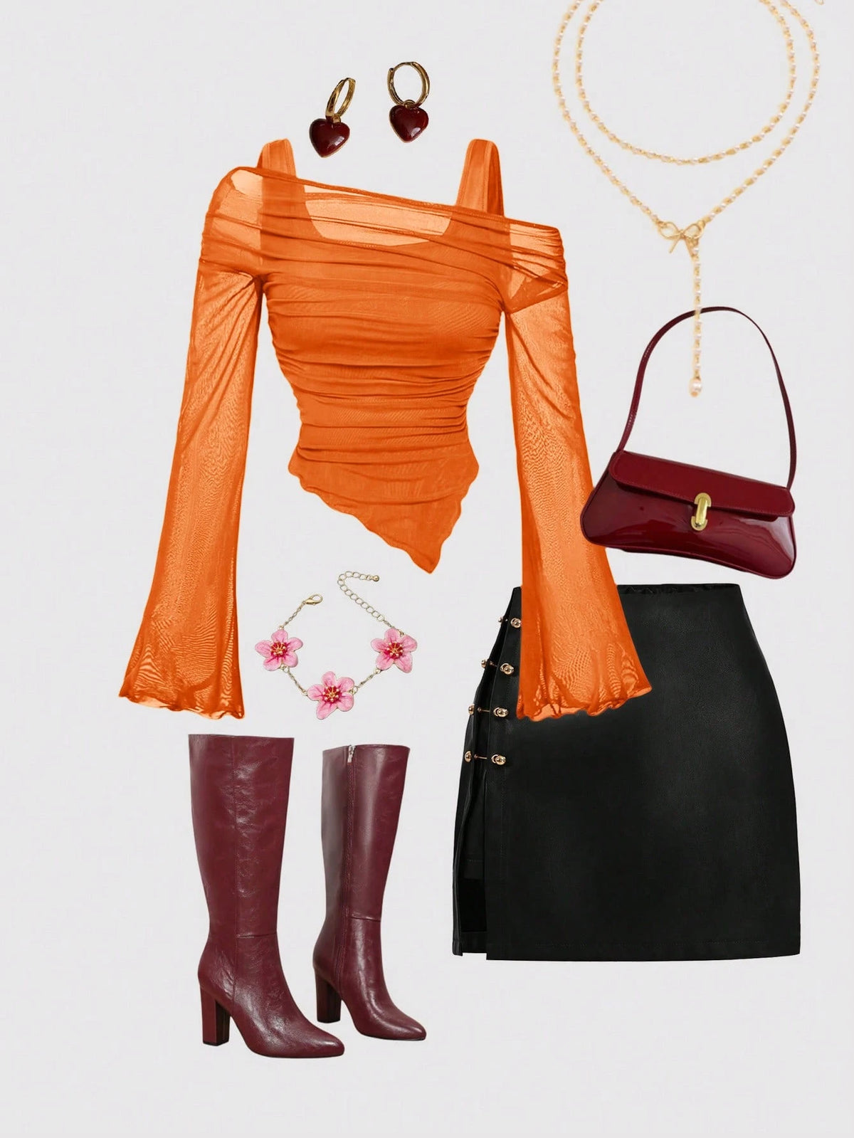 MOD Burnt Orange Plus Size Asymmetric Hem Flared Sleeve T-Shirt,Autumn Classy Night Out Club,Punk Korean Style,Vintage Goth Streetwear Women Basic Tops