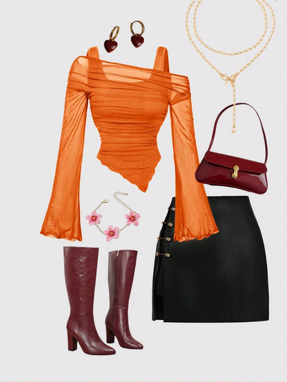MOD Burnt Orange Plus Size Asymmetric Hem Flared Sleeve T-Shirt,Autumn Classy Night Out Club,Punk Korean Style,Vintage Goth Streetwear Women Basic Tops