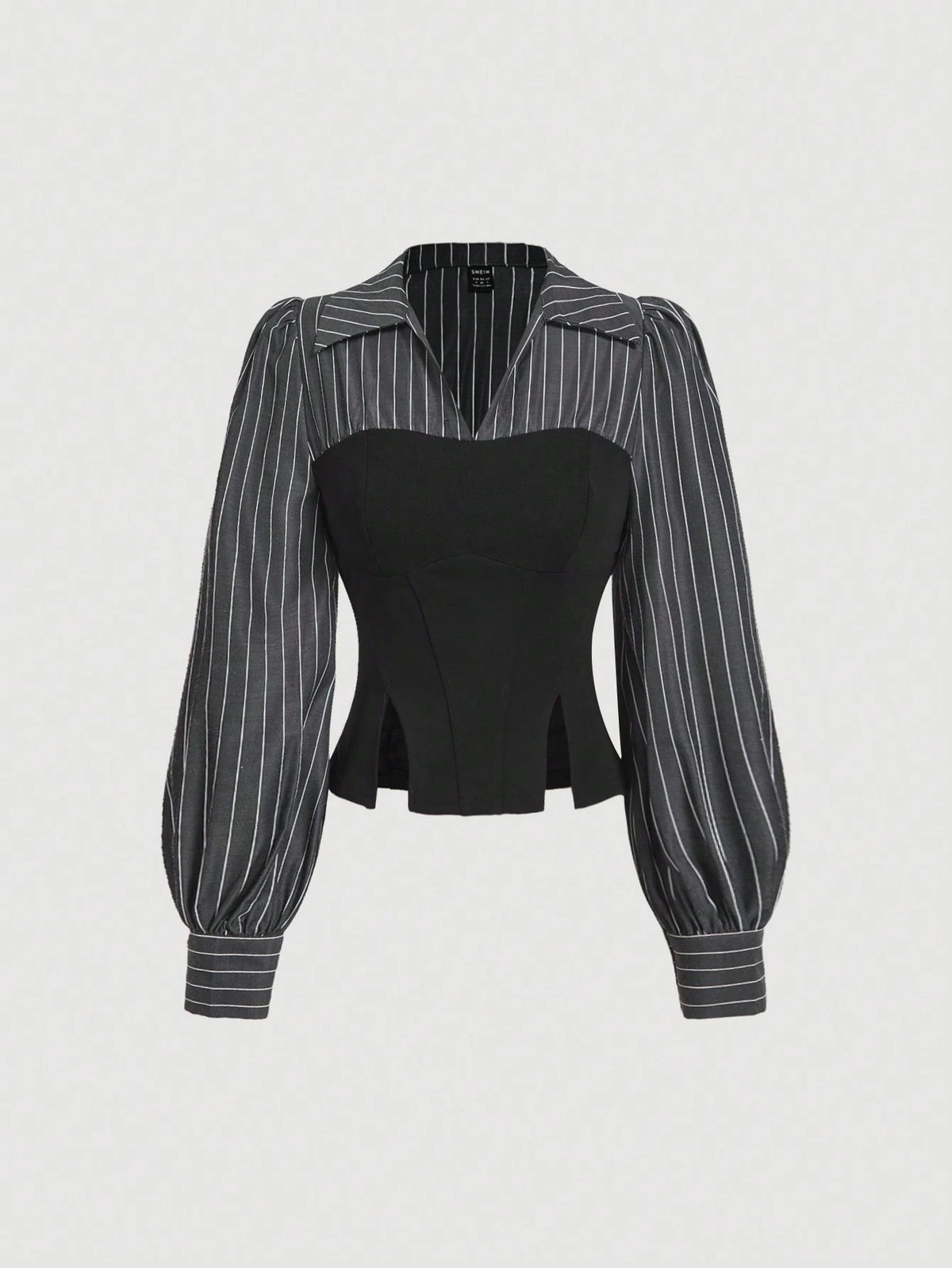 MOD Elegant Striped Patchwork Cinched Waist Split Hem Blouse, Autumn.Back To School.Campus