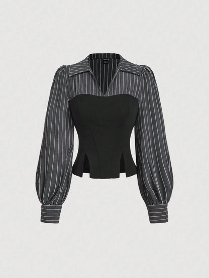 MOD Elegant Striped Patchwork Cinched Waist Split Hem Blouse, Autumn.Back To School.Campus