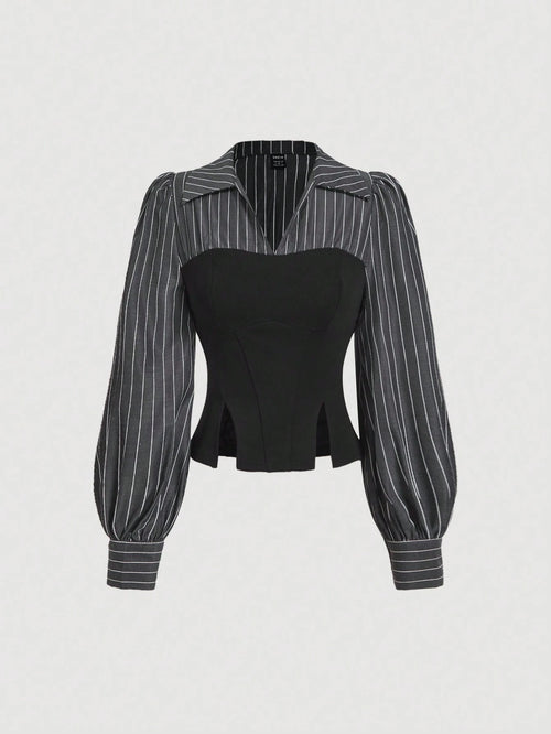 MOD Elegant Striped Patchwork Cinched Waist Split Hem Blouse, Autumn.Back To School.Campus