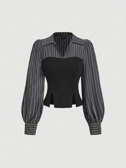 MOD Elegant Striped Patchwork Cinched Waist Split Hem Blouse, Autumn.Back To School.Campus