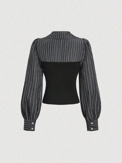 MOD Elegant Striped Patchwork Cinched Waist Split Hem Blouse, Autumn.Back To School.Campus