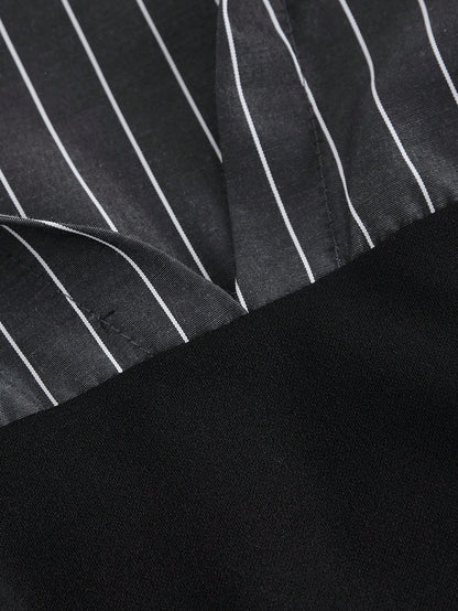 MOD Elegant Striped Patchwork Cinched Waist Split Hem Blouse, Autumn.Back To School.Campus